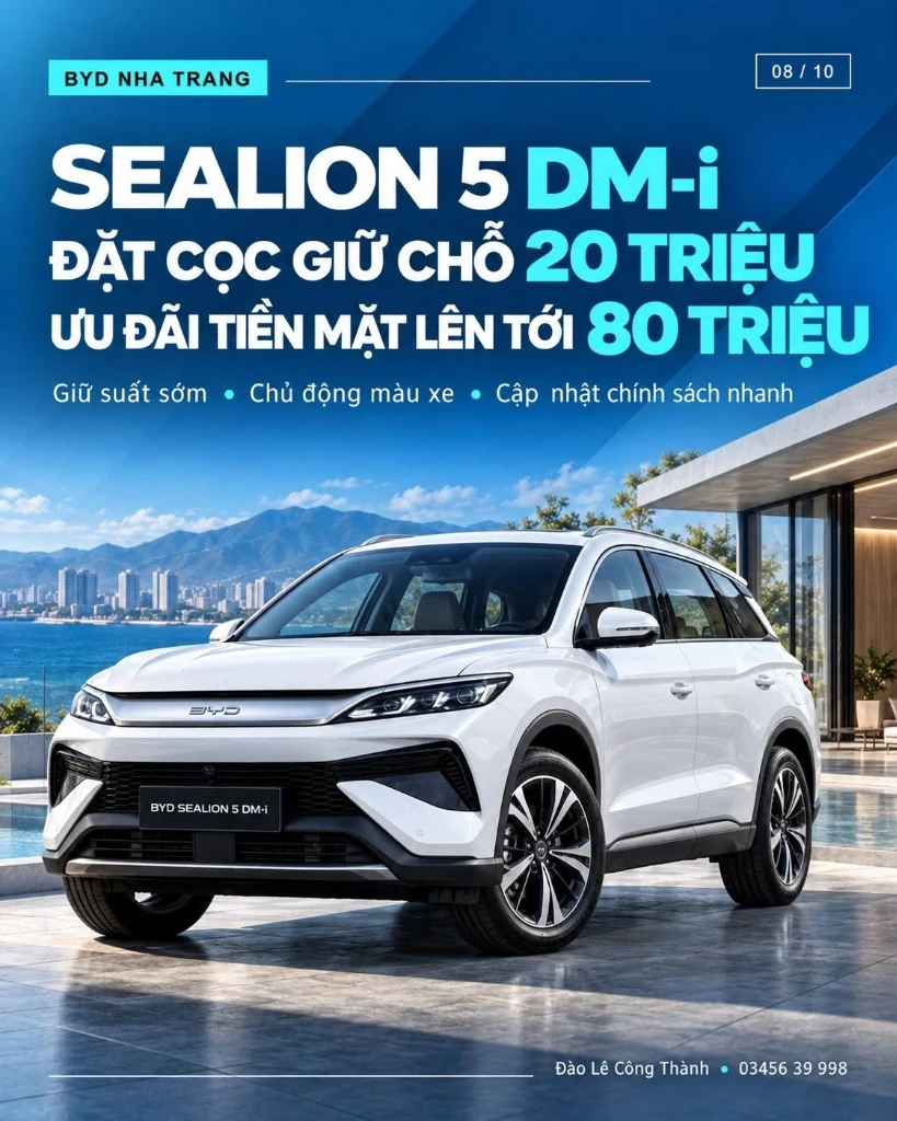 Poster chính thức BYD Sealion 5 DM-i đặt cọc giữ chỗ 20 triệu ưu đãi tiền mặt lên tới 80 triệu tại BYD Nha Trang Khánh Hòa