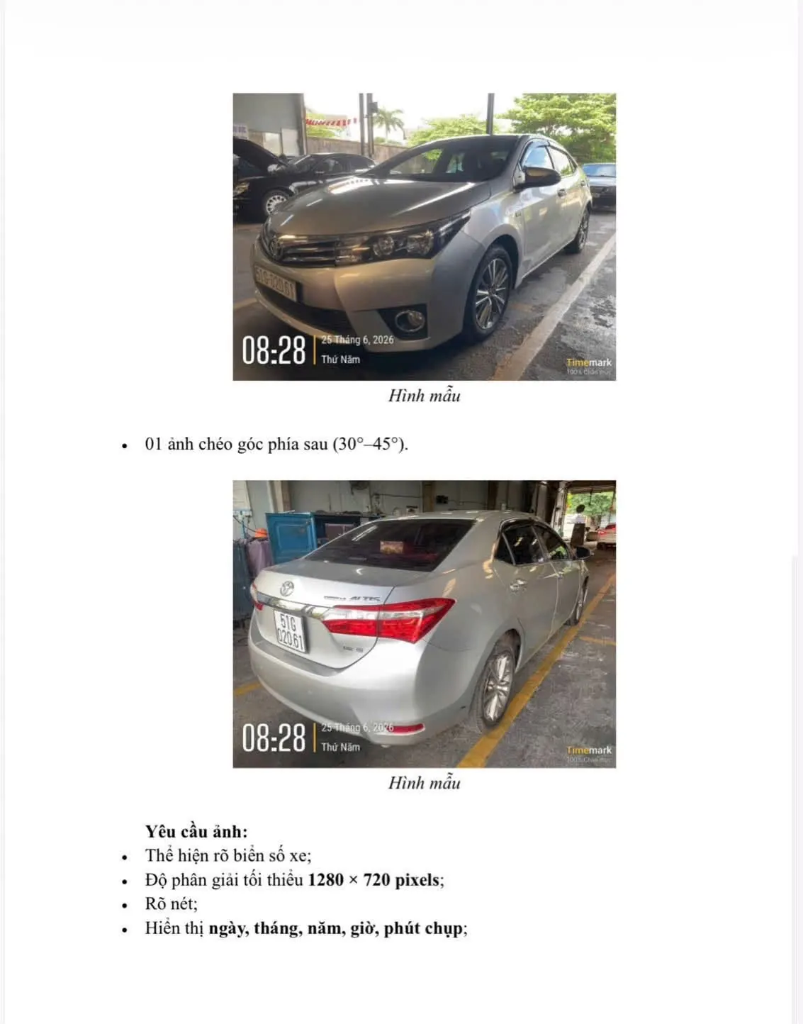 Yêu cầu ảnh chụp xe chéo góc phía trước và phía sau khi miễn kiểm định